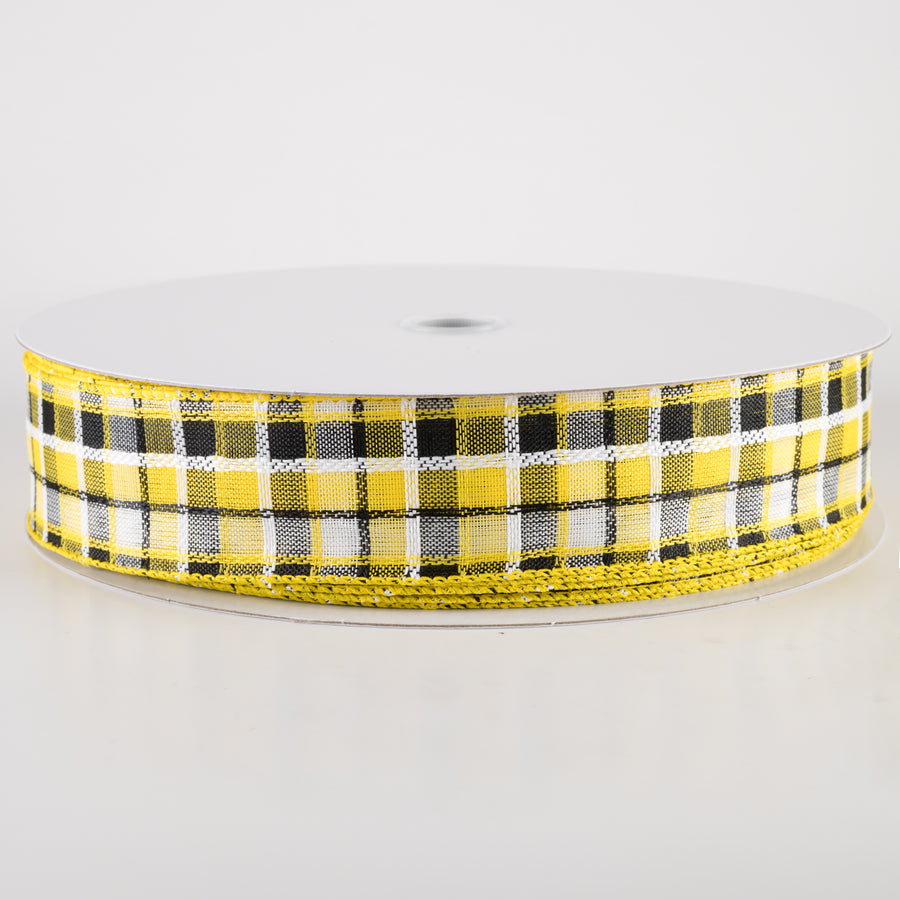 1.5" Kentini Plaid Ribbon: Yellow, Black, White (50 Yards)