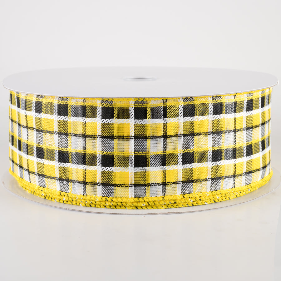 2.5" Kentini Plaid Ribbon: Yellow, Black, White (50 Yards)