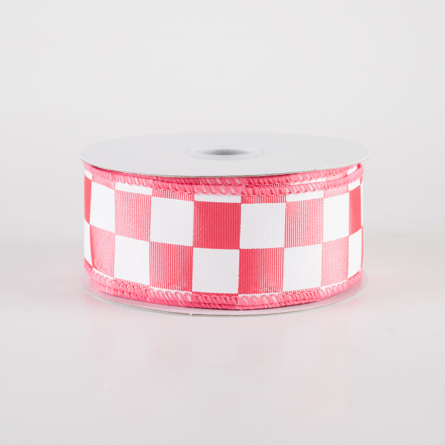 1.5" Ribbed Satin Race Check Ribbon: Coral & White (10 Yards)