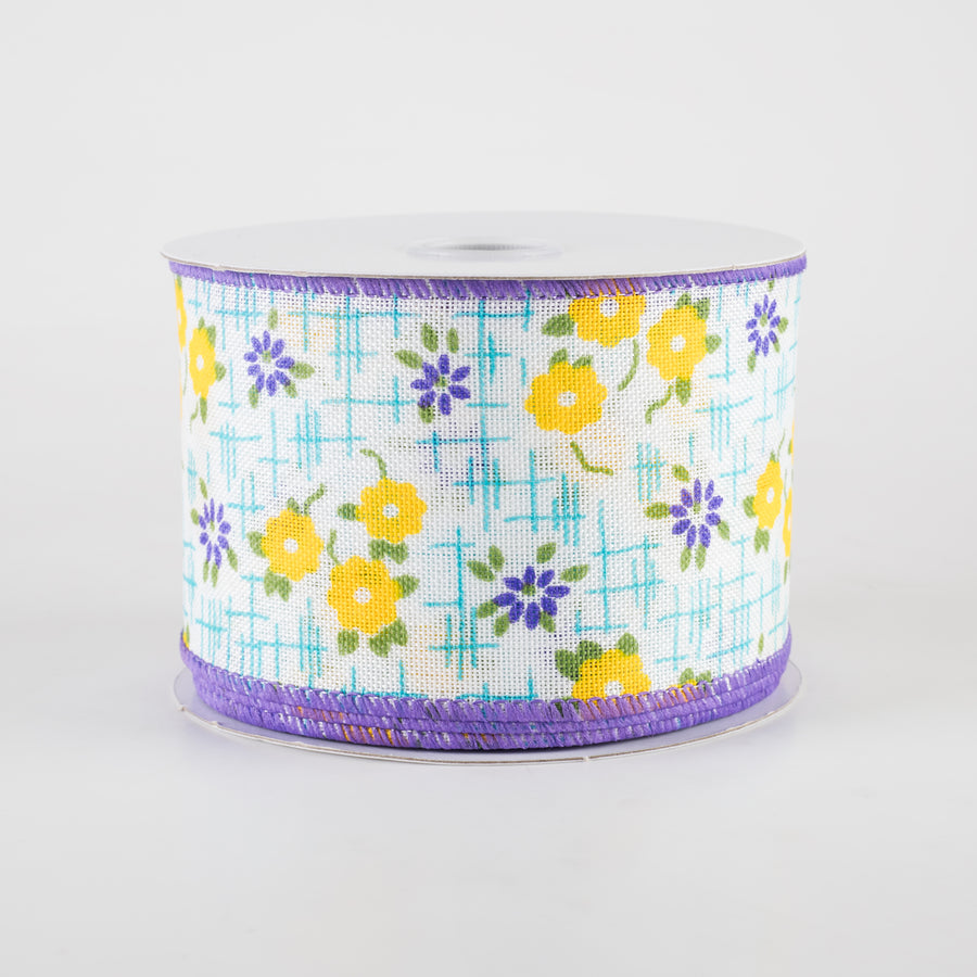 2.5" Linen Textured Flowers Ribbon: Purple, Yellow, Aqua Blue (10 Yards)