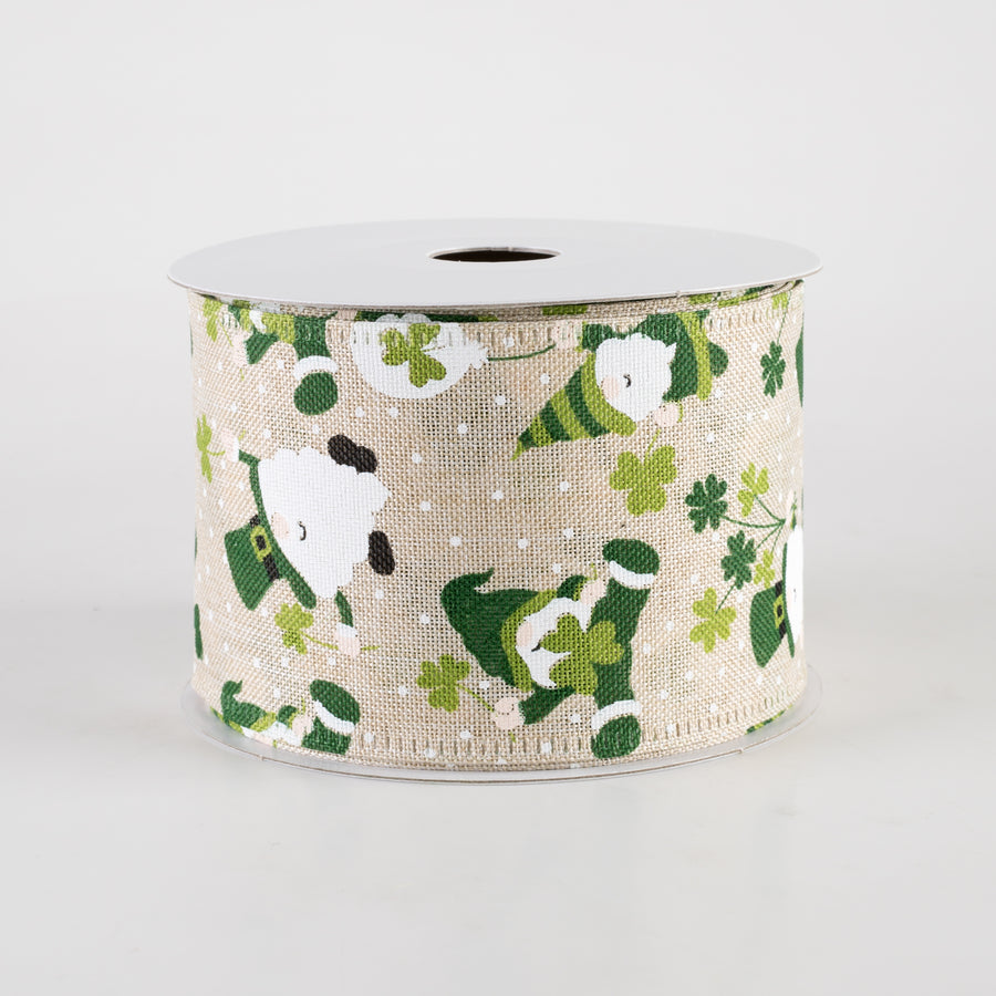 2.5" Linen St. Pat Leprechaun Gnomes Ribbon: Natural (10 Yards)