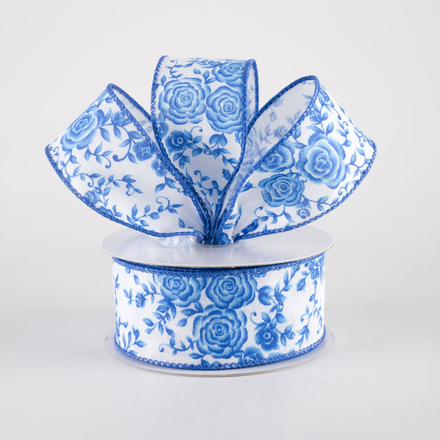 1.5" Ombré Roses on White Linen Ribbon: Cobalt Blue (10 Yards)
