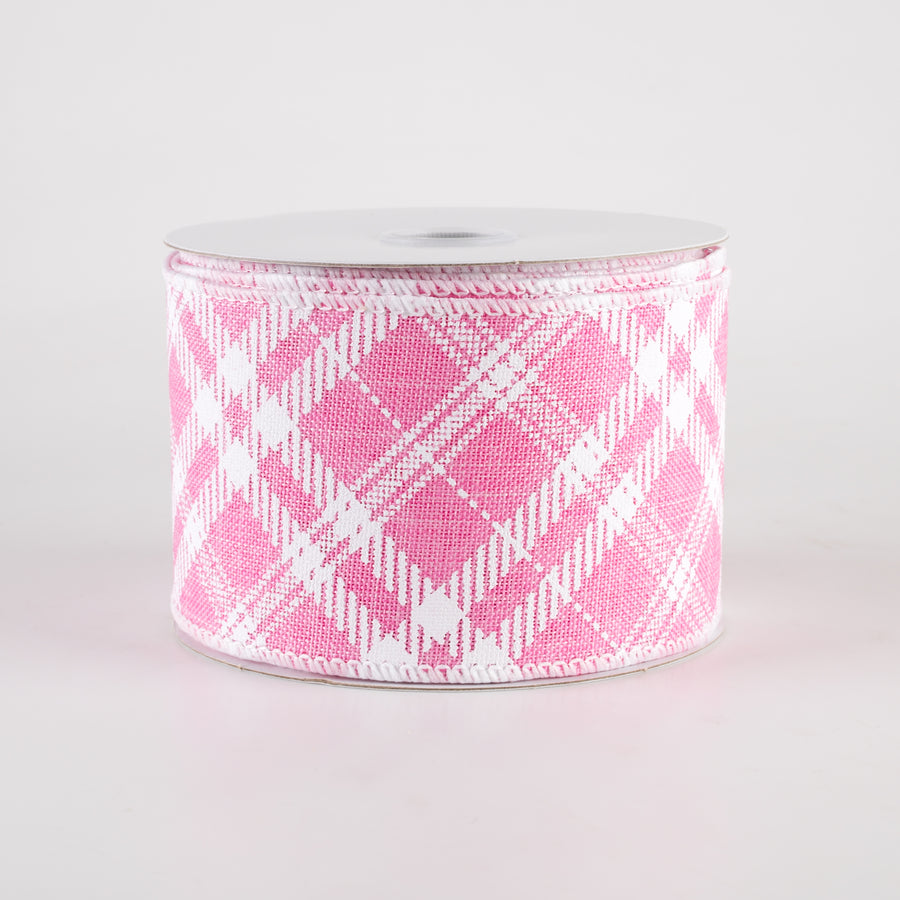 2.5" Linen Sandra Diagonal Plaid Ribbon: Pink (10 Yards)