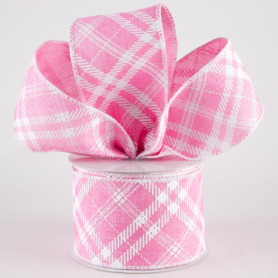 2.5" Linen Sandra Diagonal Plaid Ribbon: Pink (10 Yards)