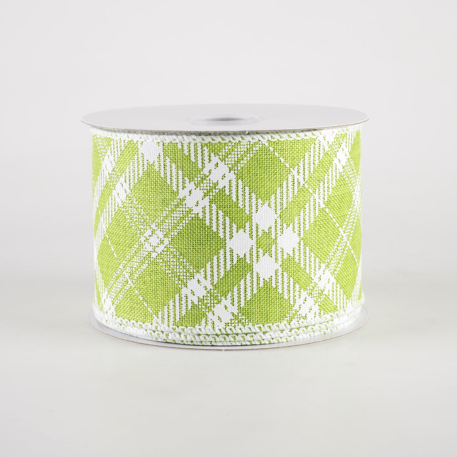 2.5" Linen Sandra Diagonal Plaid Ribbon: Lime Green (10 Yards)
