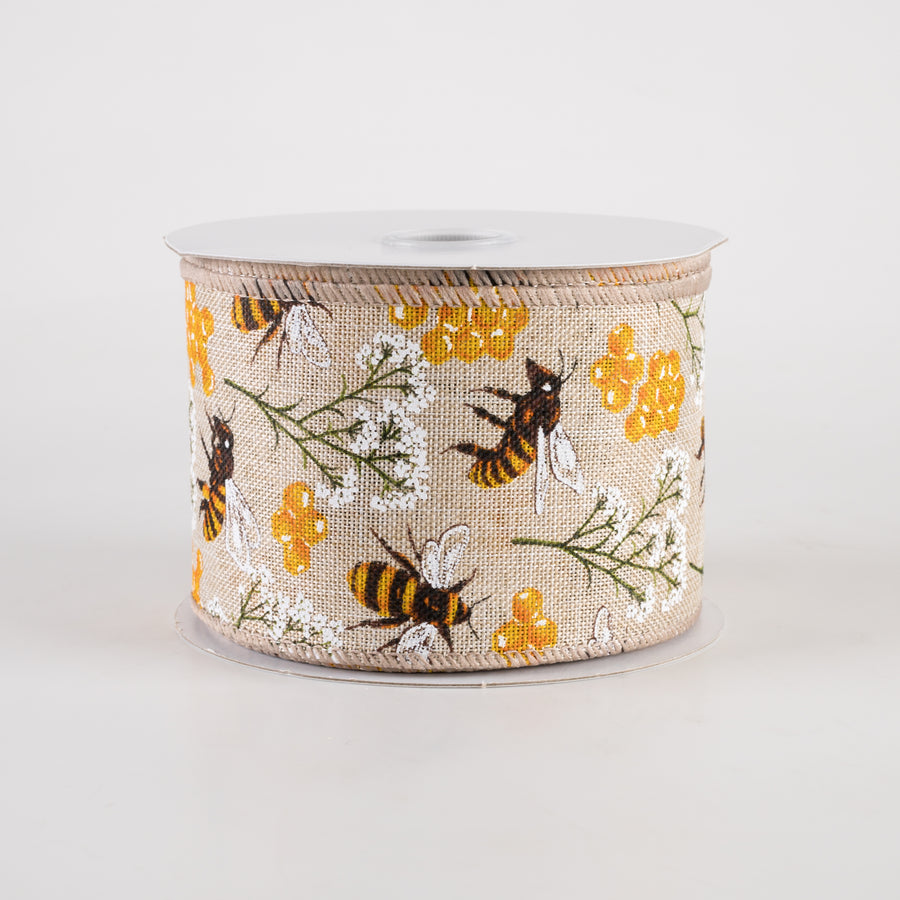2.5" Linen Bees, Honeycomb, Baby's Breath Ribbon: Natural (10 Yards)