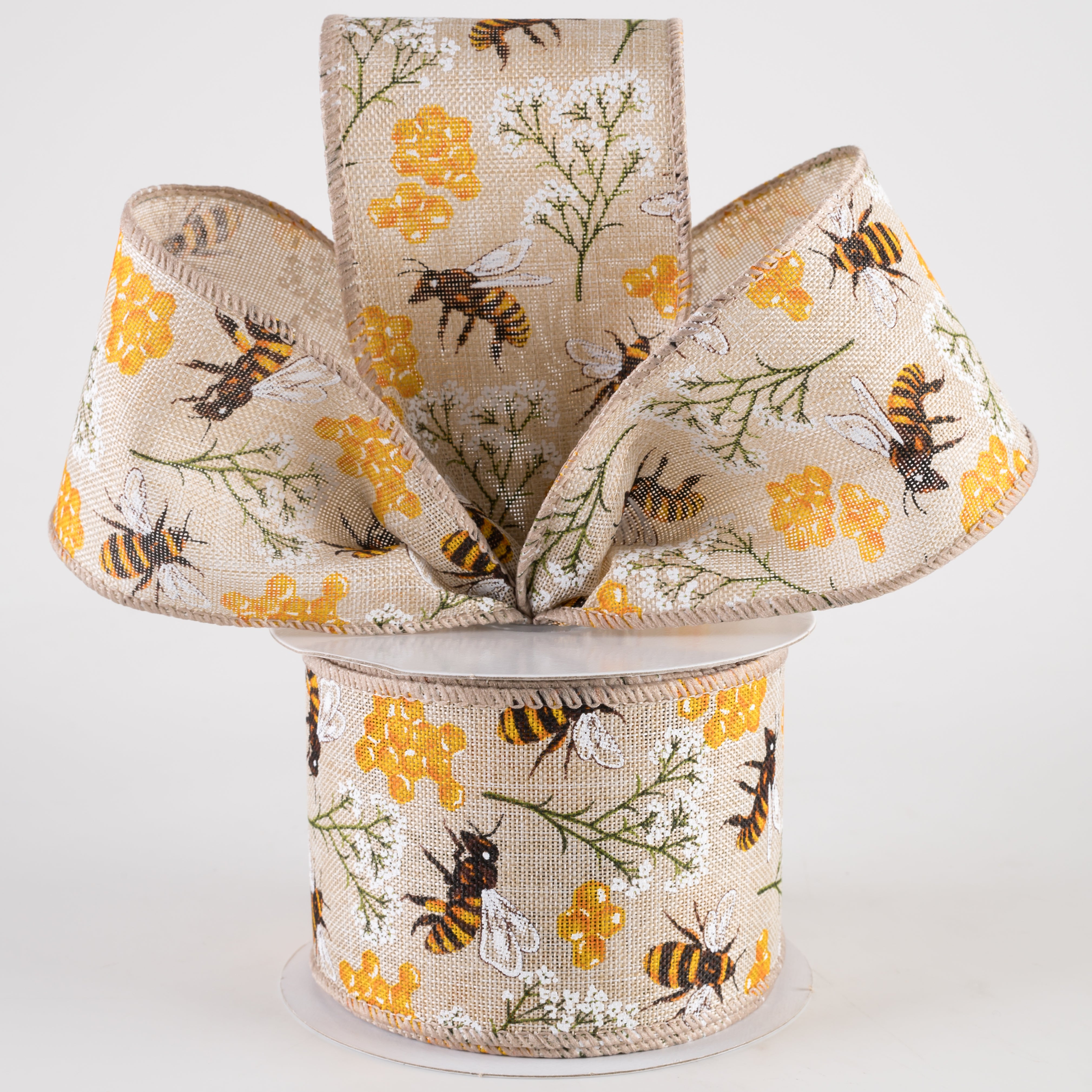 2.5" Linen Bees, Honeycomb, Baby's Breath Ribbon: Natural (10 Yards)