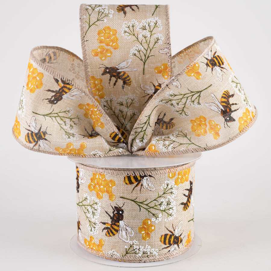 2.5" Linen Bees, Honeycomb, Baby's Breath Ribbon: Natural (10 Yards)