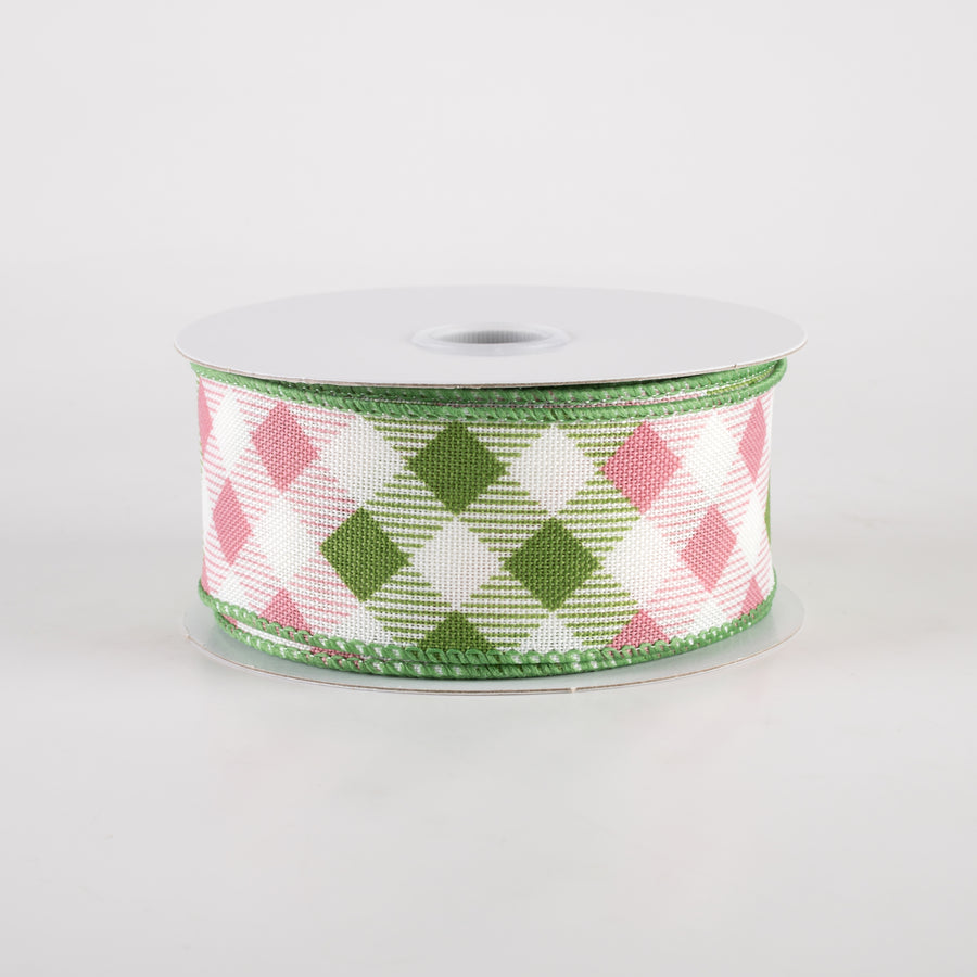 1.5" Linen Diamond Ombré Check Ribbon: Ivory, Sage, Pink (10 Yards)