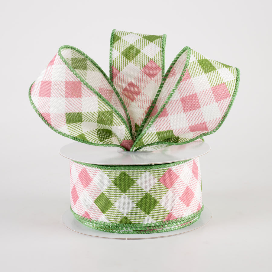 1.5" Linen Diamond Ombré Check Ribbon: Ivory, Sage, Pink (10 Yards)
