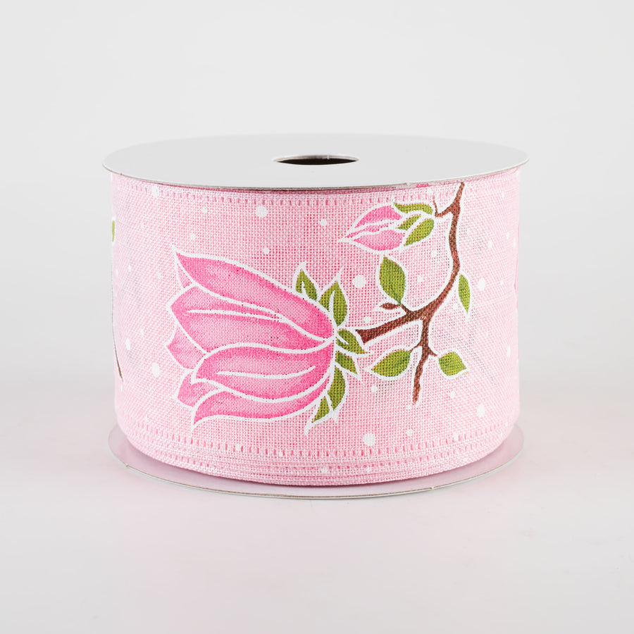 2.5" Linen Giant Tulips Ribbon: Light Pink (10 Yards)