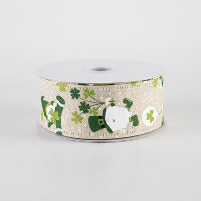 1.5" Linen St. Pat Leprechaun Gnomes Ribbon: Natural (10 Yards)