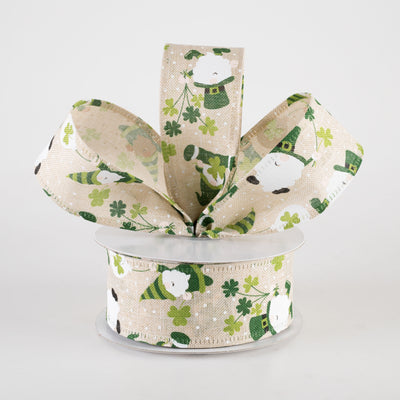 1.5" Linen St. Pat Leprechaun Gnomes Ribbon: Natural (10 Yards)