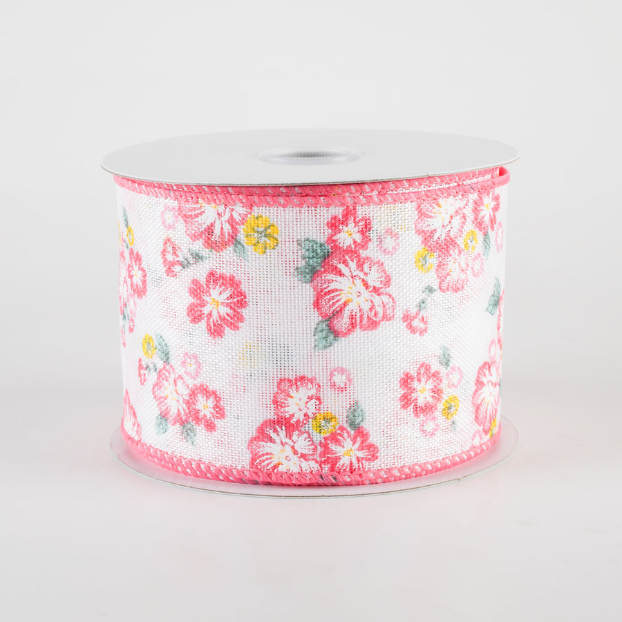 2.5" Linen Hibiscus & Leaves Ribbon: Coral & Sage (10 Yards)