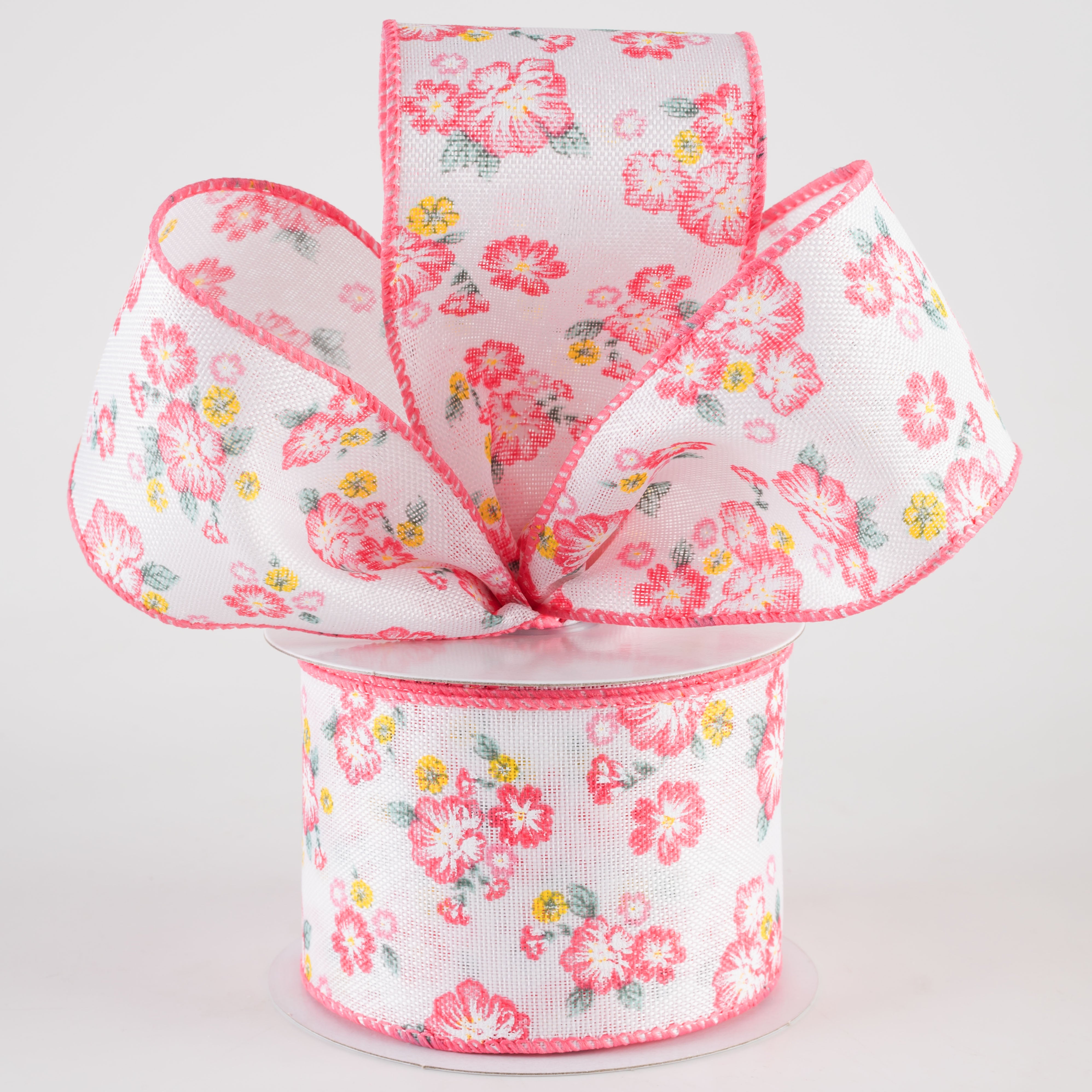 2.5" Linen Hibiscus & Leaves Ribbon: Coral & Sage (10 Yards)