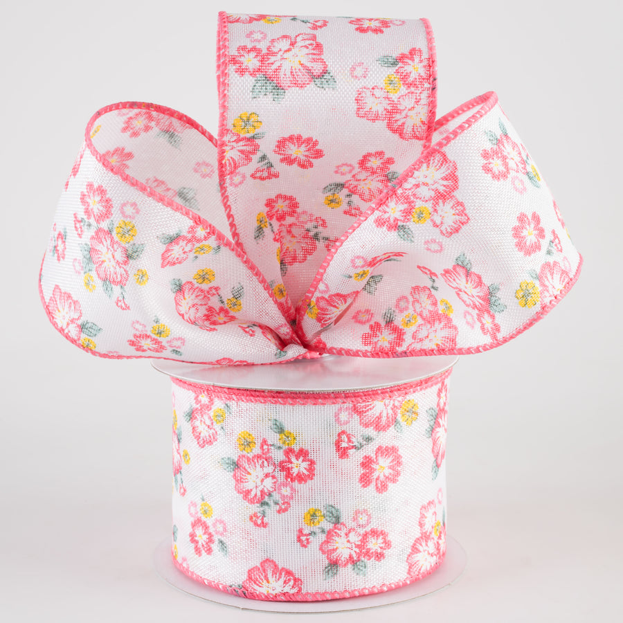 2.5" Linen Hibiscus & Leaves Ribbon: Coral & Sage (10 Yards)
