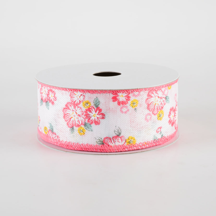 1.5" Linen Hibiscus & Leaves Ribbon: Coral & Sage (10 Yards)