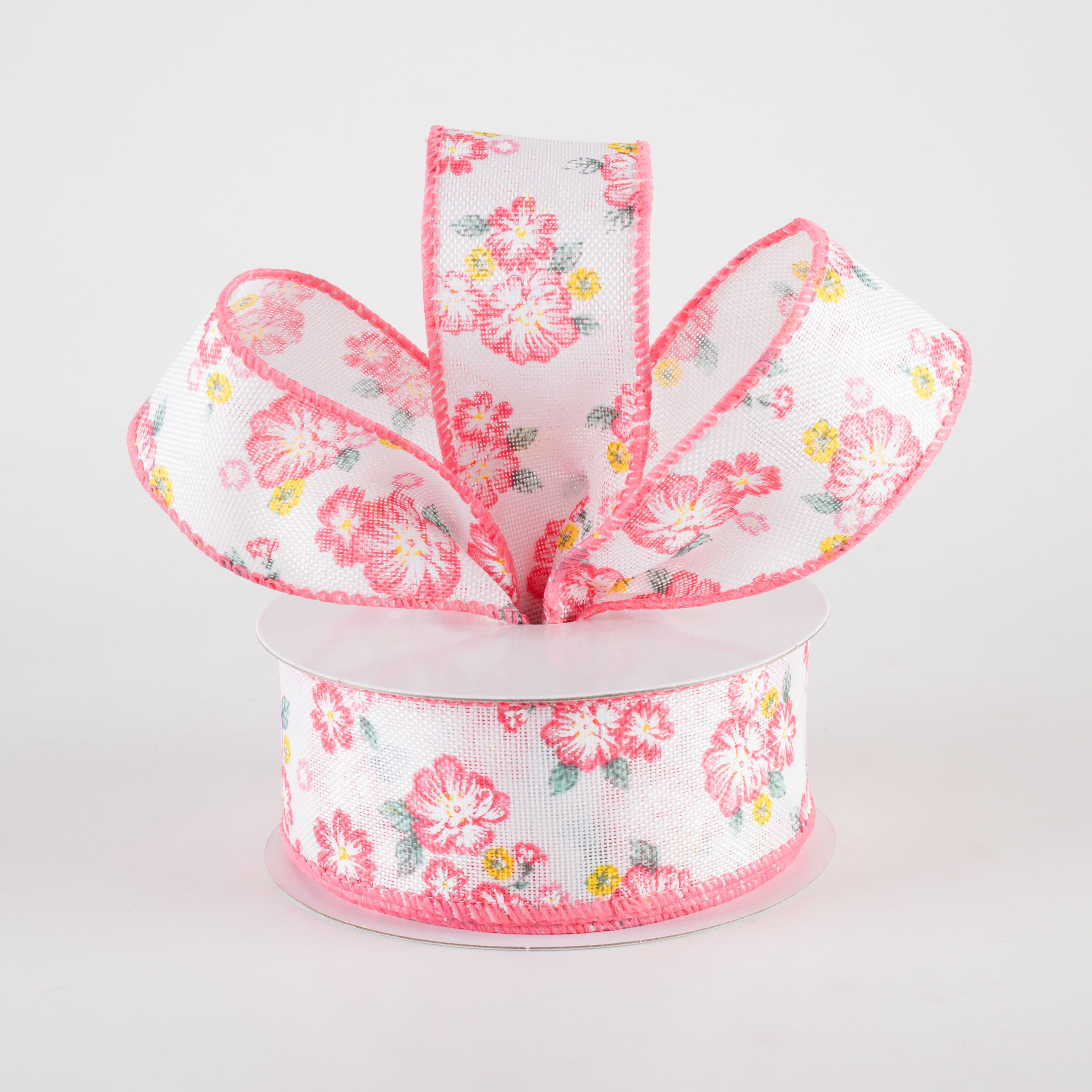 1.5" Linen Hibiscus & Leaves Ribbon: Coral & Sage (10 Yards)