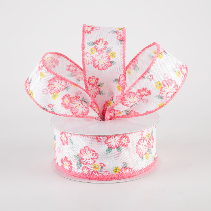 1.5" Linen Hibiscus & Leaves Ribbon: Coral & Sage (10 Yards)
