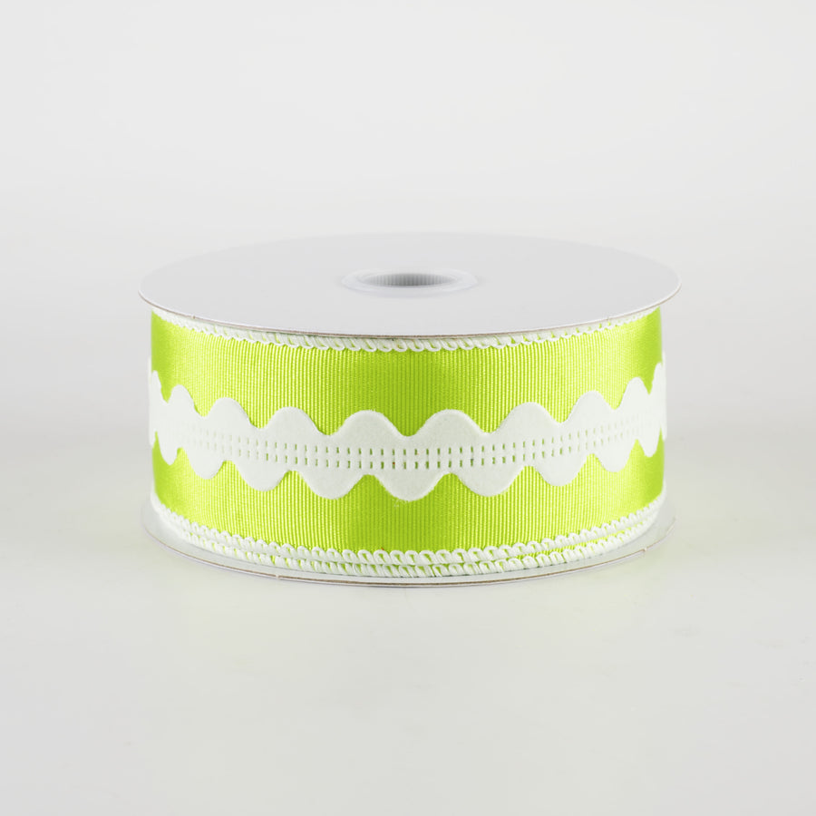1.5" Ric Rac Center Ribbed Satin Ribbon: Lime & White (10 Yards)