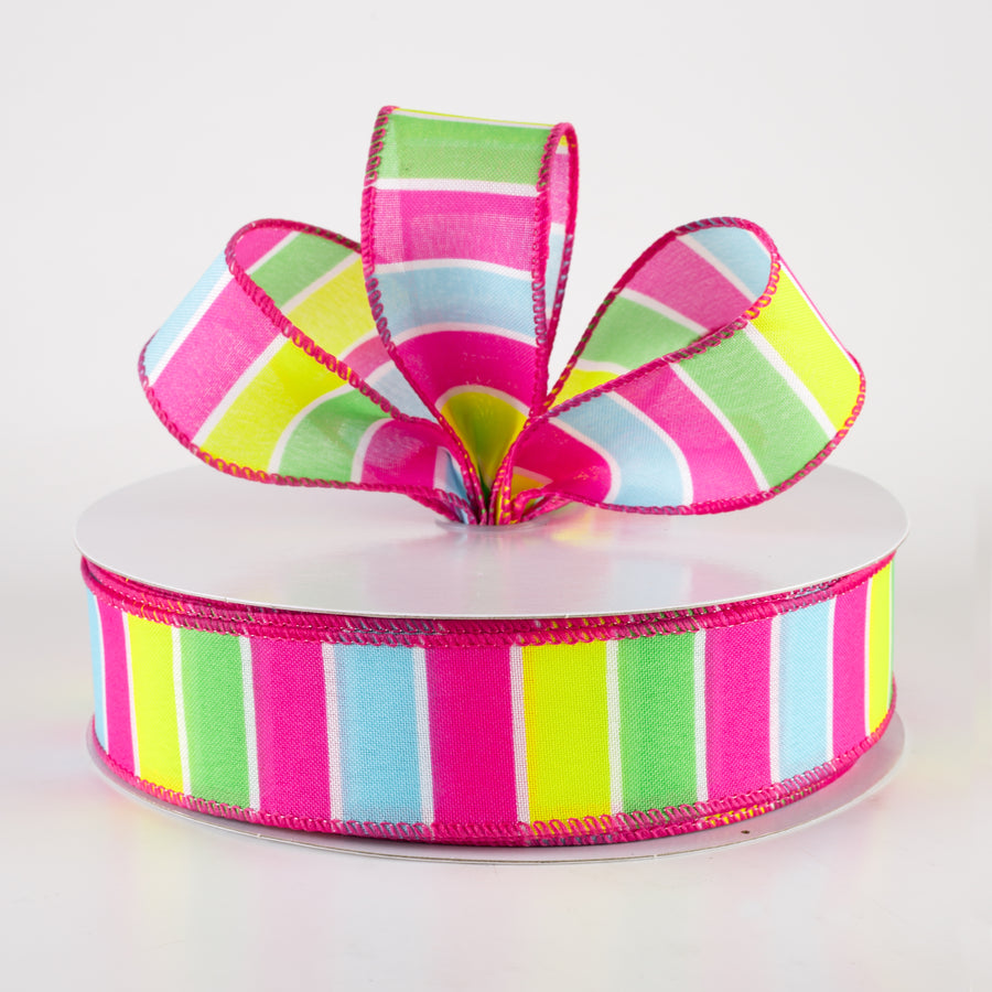 1.5" Wide Stripes Ribbon: Fuchsia Pink, Aqua, Yellow, Lime (50 Yards)
