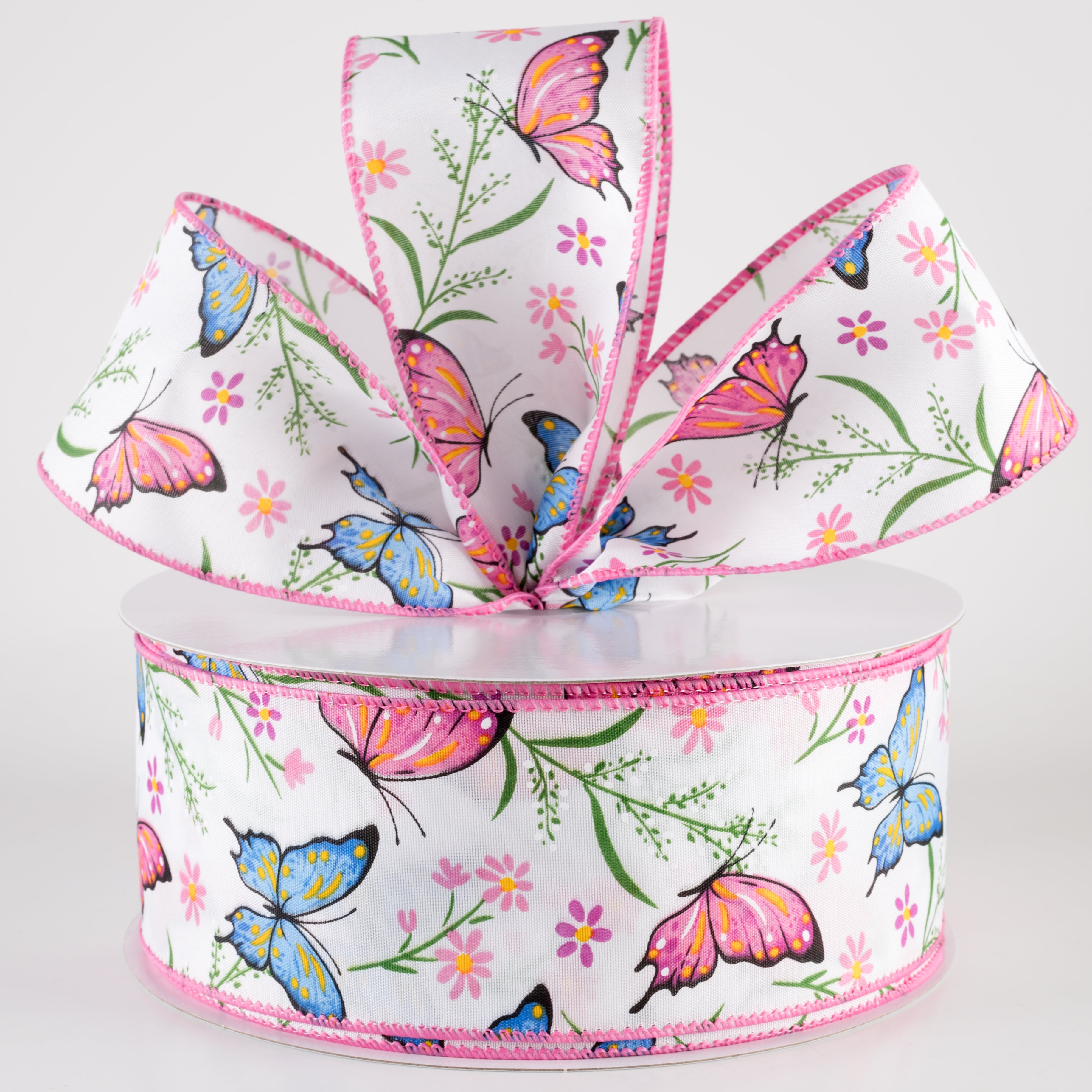 2.5" Butterfly Flowers Satin Ribbon: Pink & Blue (50 Yards)