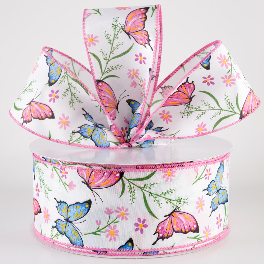 2.5" Butterfly Flowers Satin Ribbon: Pink & Blue (50 Yards)