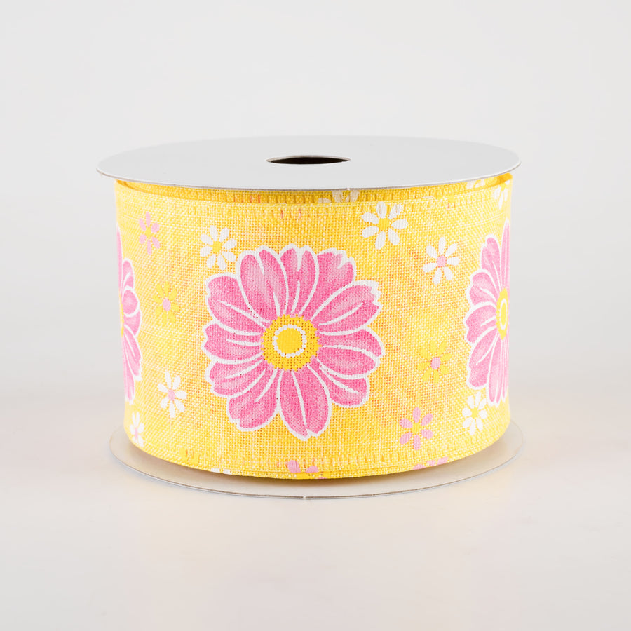 2.5" Linen Giant Daisies Ribbon: Yellow (10 Yards)