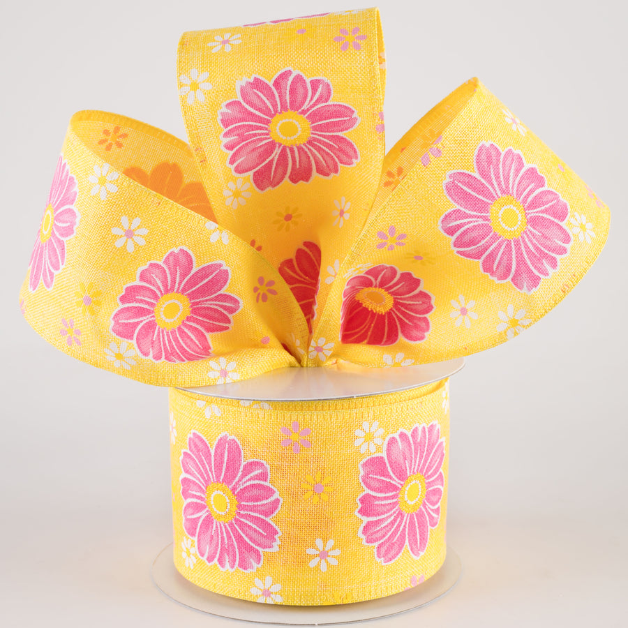 2.5" Linen Giant Daisies Ribbon: Yellow (10 Yards)