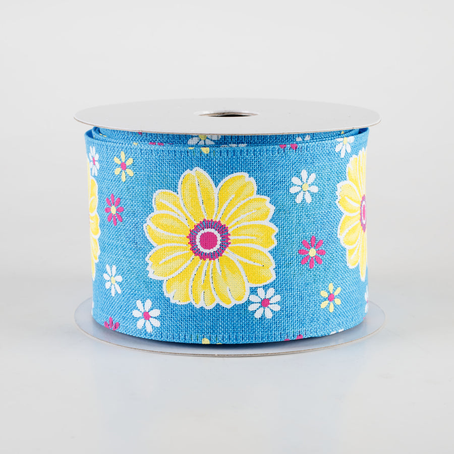 2.5" Linen Giant Daisies Ribbon: Turquoise Blue (10 Yards)