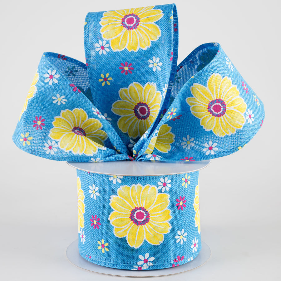2.5" Linen Giant Daisies Ribbon: Turquoise Blue (10 Yards)