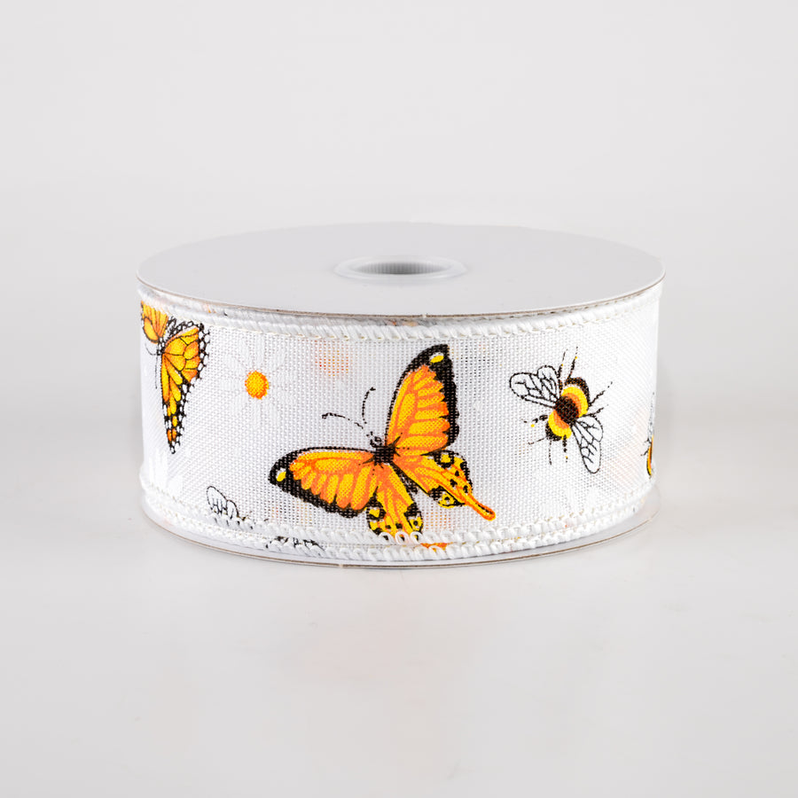 1.5" Linen Butterflies, Bees and Daisies Ribbon: White (10 Yards)