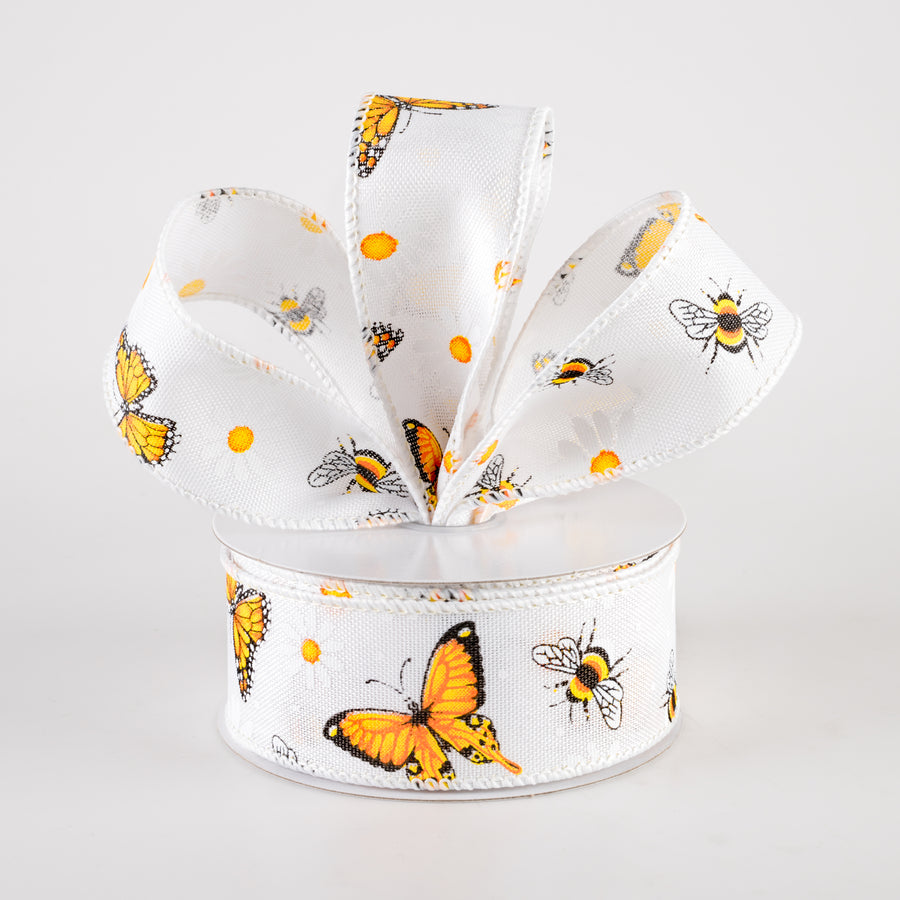 1.5" Linen Butterflies, Bees and Daisies Ribbon: White (10 Yards)