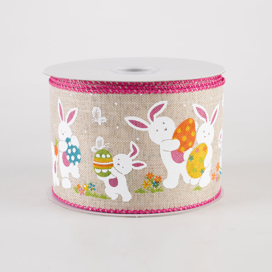 2.5" Linen Easter Fun Bunnies Ribbon: Natural (10 Yards)