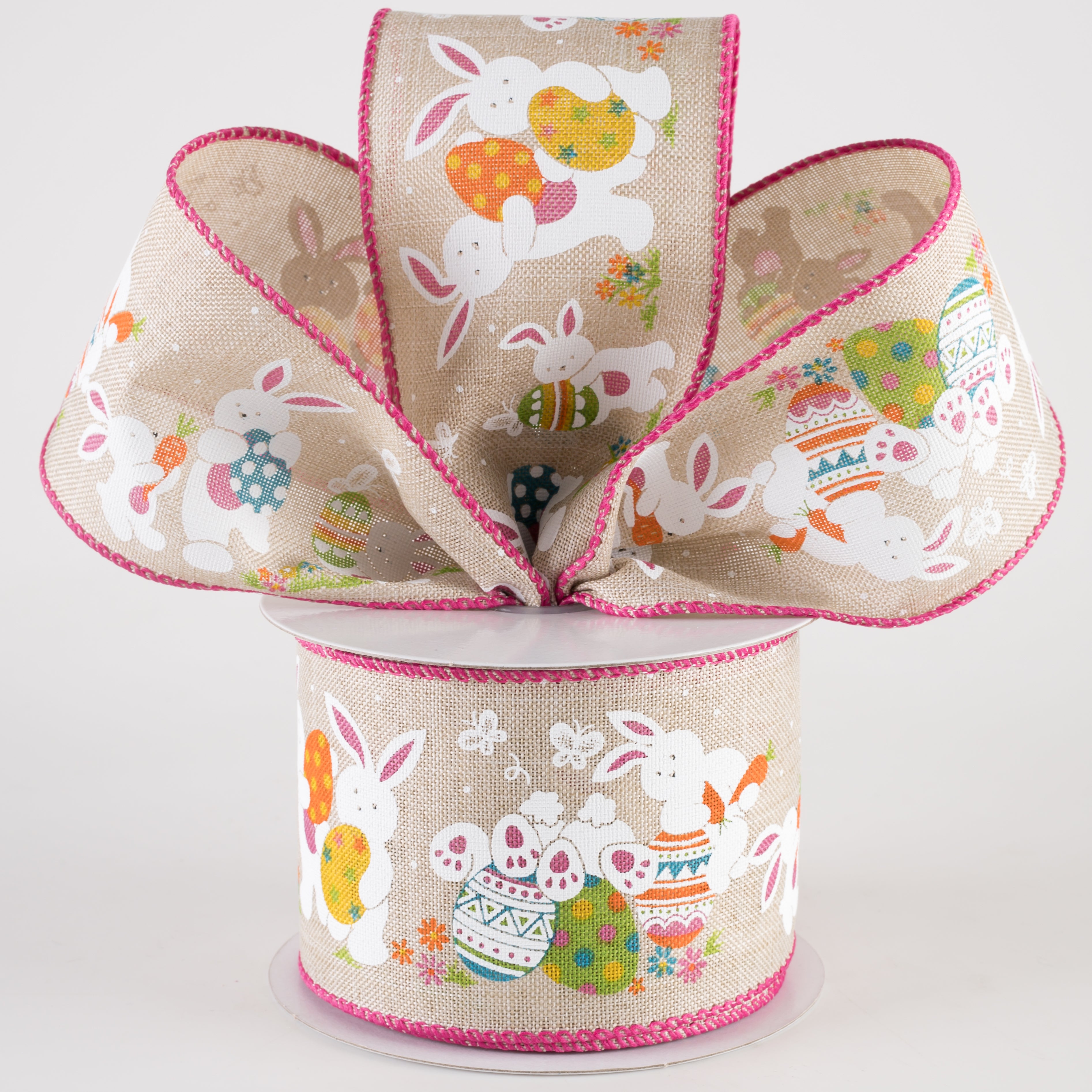 2.5" Linen Easter Fun Bunnies Ribbon: Natural (10 Yards)