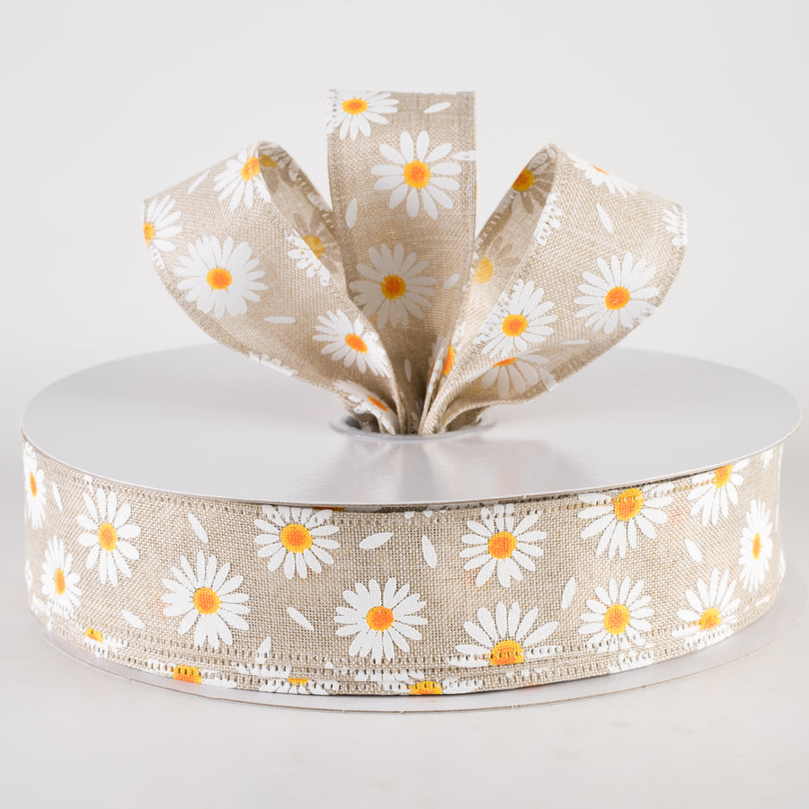 1.5" Linen Daisies & Petals Ribbon: Natural (50 Yards)