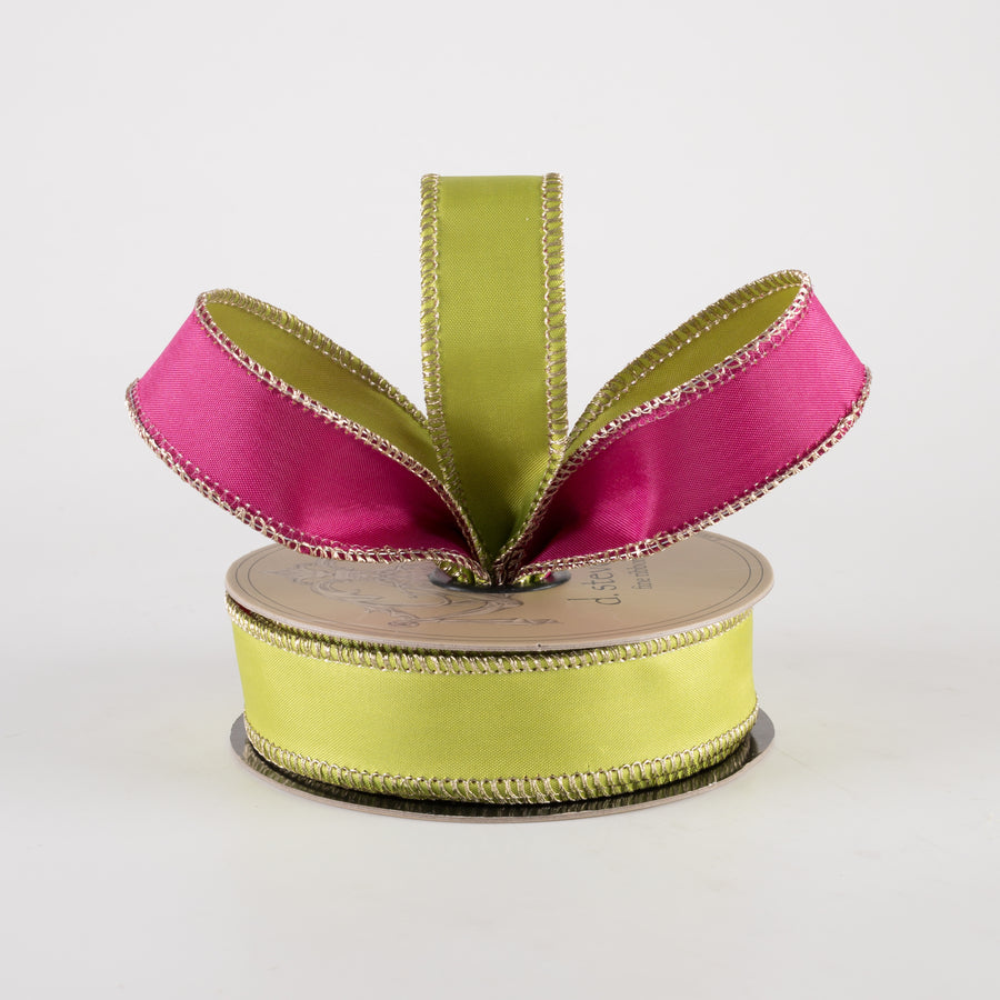 [D Stevens] 1" Taffeta Double Sided Ribbon: Hot Pink & Apple Green (10 Yards)
