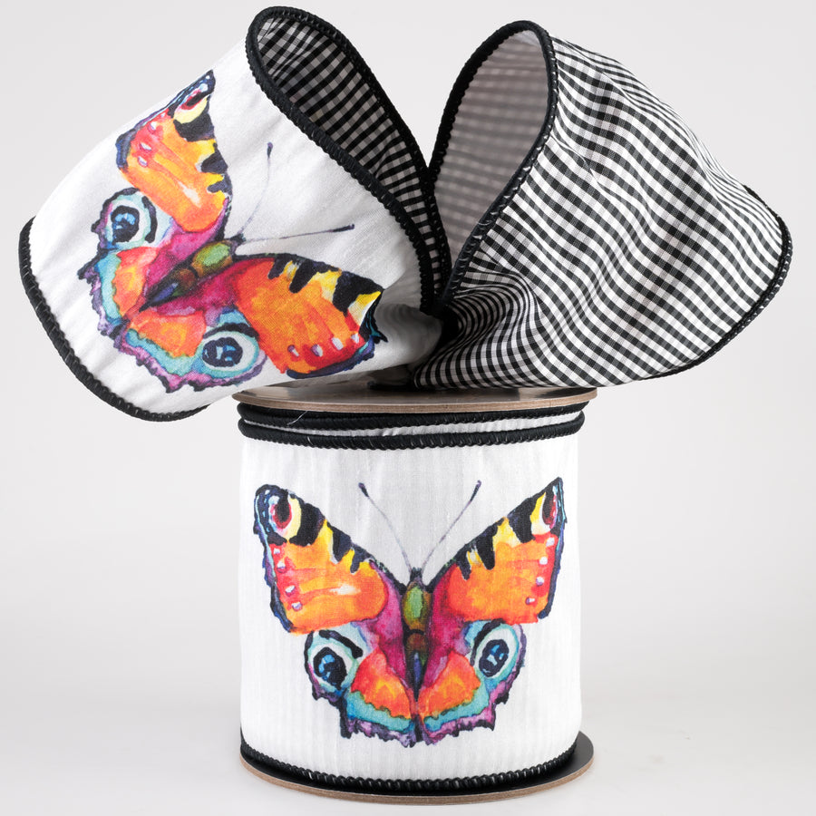 [D Stevens] 4" Dupioni Watercolor Butterfly Check Ribbon (10 Yards)
