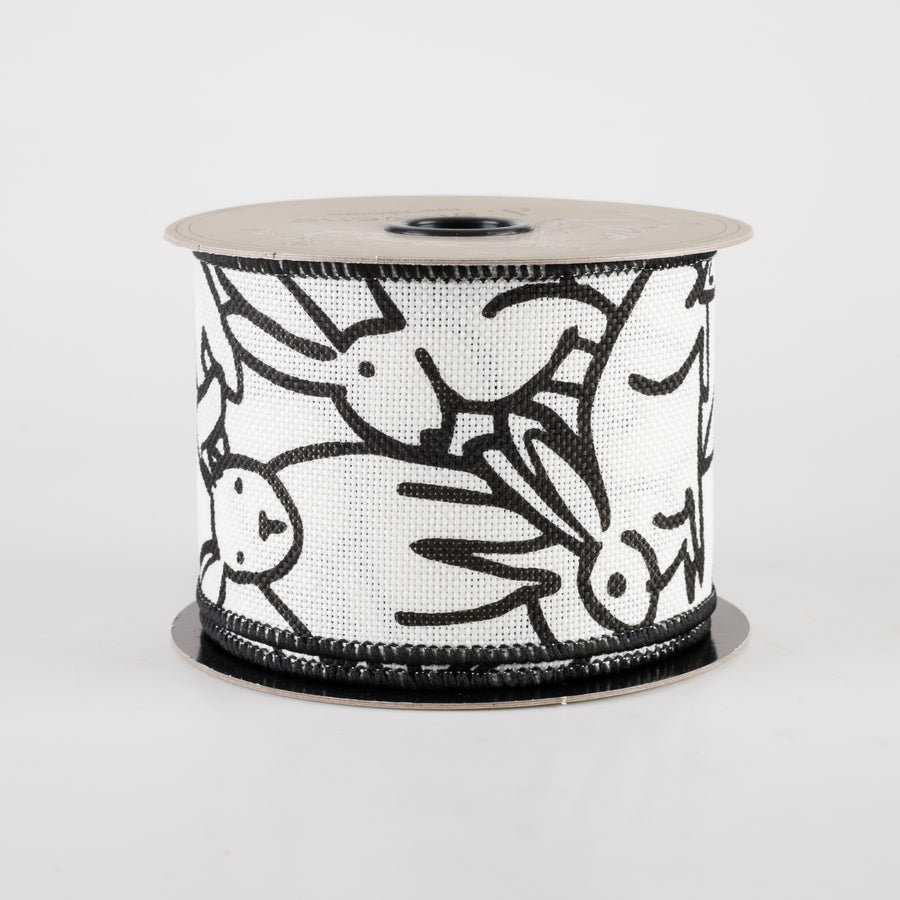 [D Stevens] 2.5" Faux Linen Black Outline Rabbits Ribbon (10 Yards)