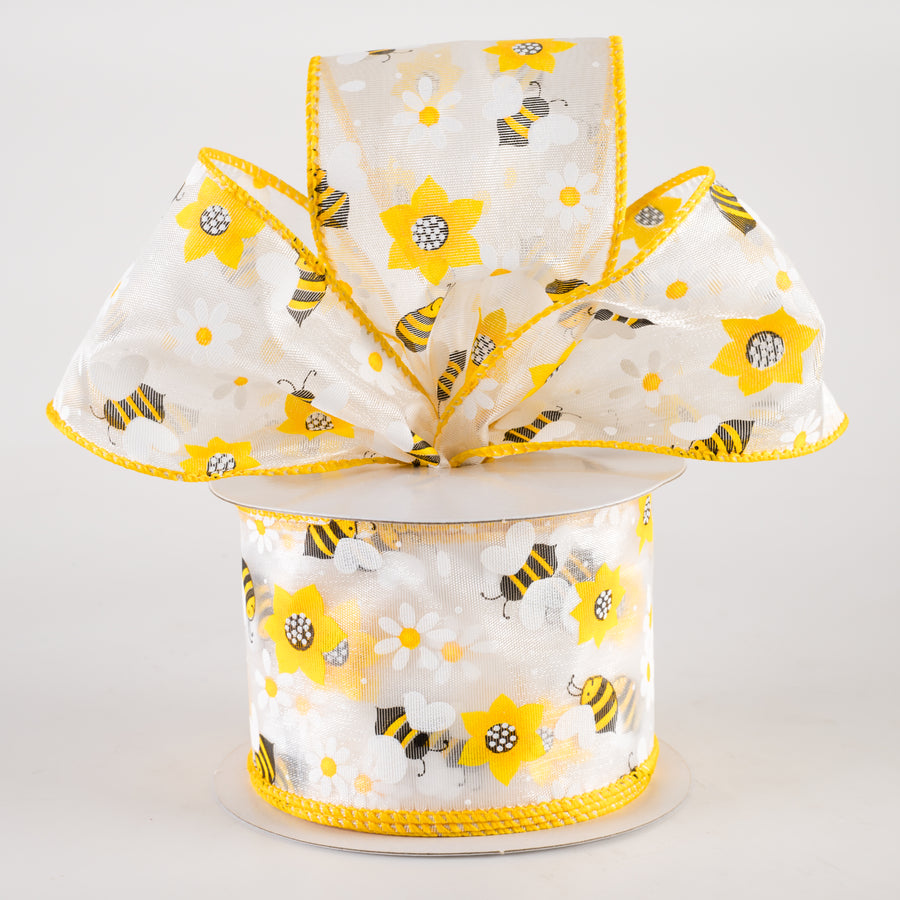 2.5" Sheer Happy Bumble Bees and Daisies Ribbon (10 Yards)