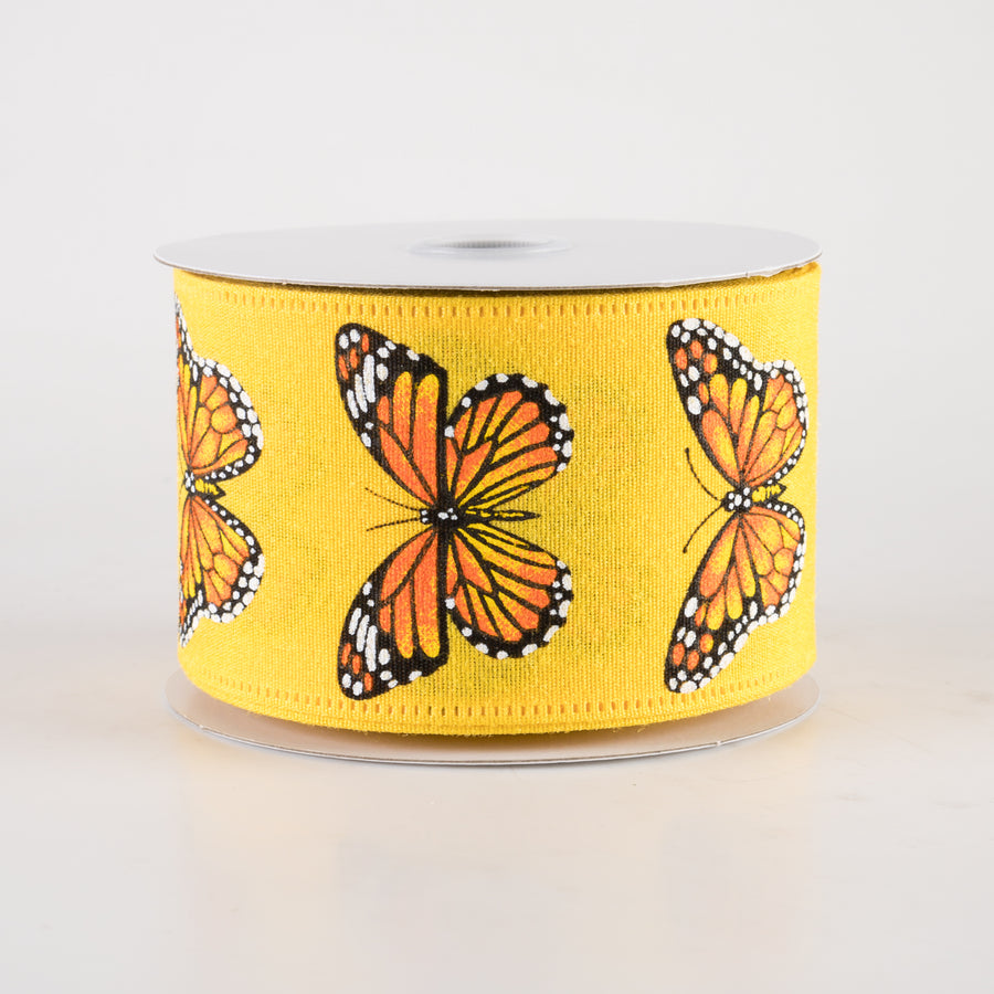 2.5" Fuzzy Linen Monarch Butterfly Ribbon: Yellow (10 Yards)