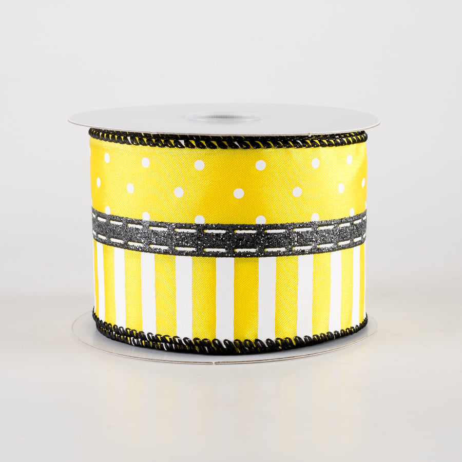 2.5" Satin Dots & Stripes Ribbon: Yellow (10 Yards)