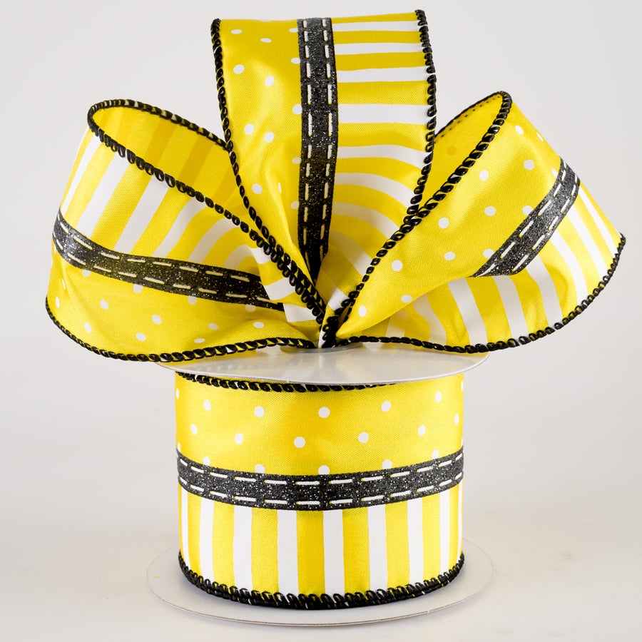 2.5" Satin Dots & Stripes Ribbon: Yellow (10 Yards)
