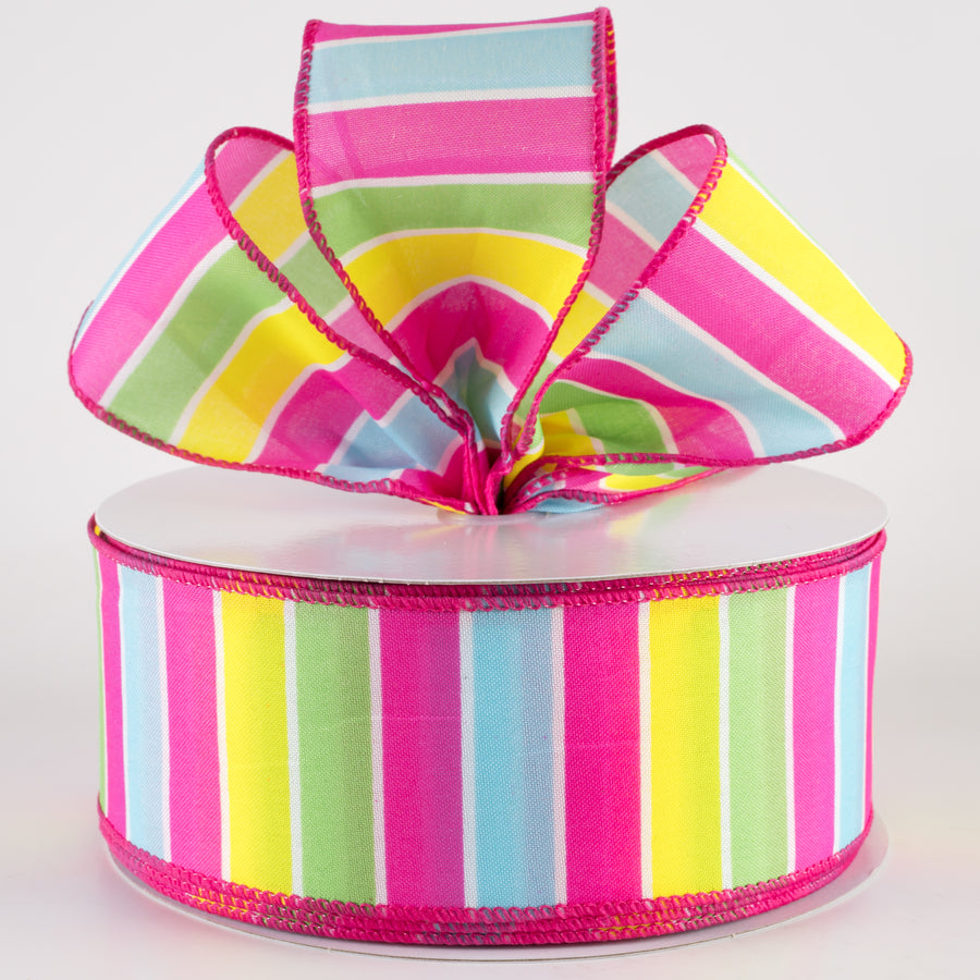 2.5" Wide Stripes Ribbon: Fuchsia Pink, Aqua, Yellow, Lime (50 Yards)
