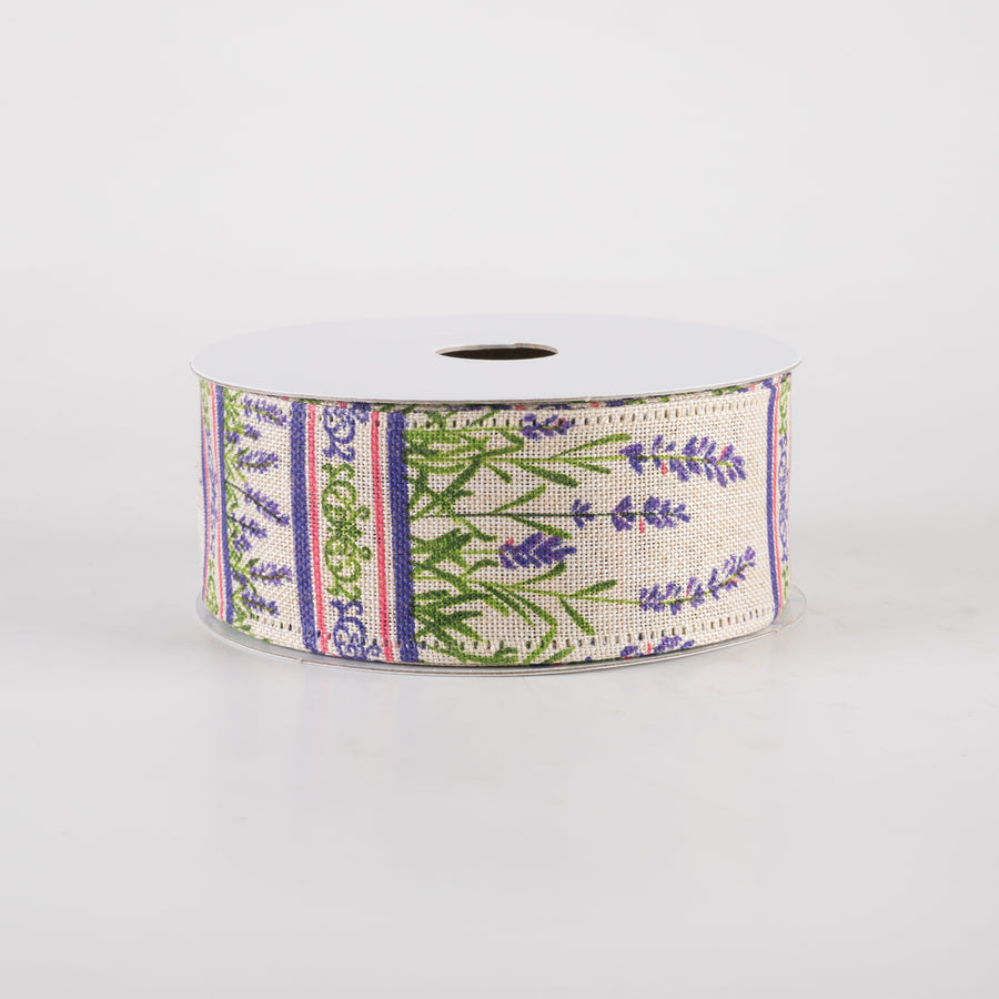 1.5" Linen Lavender Stems Garden Ribbon: Natural (10 Yards)