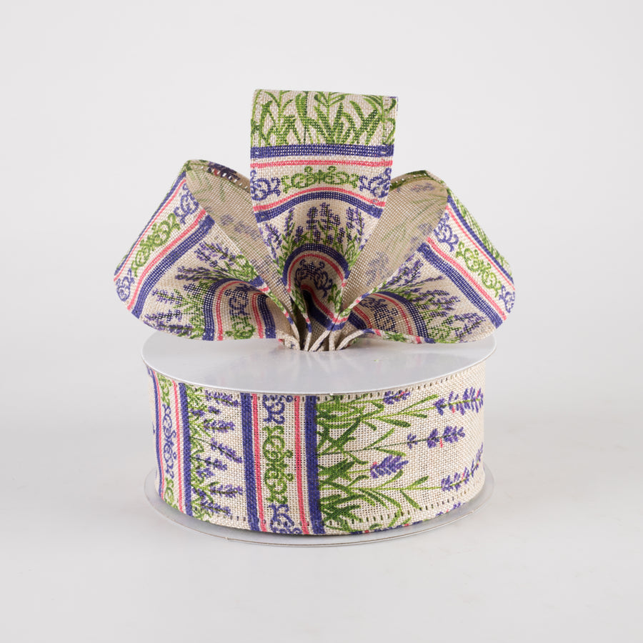 1.5" Linen Lavender Stems Garden Ribbon: Natural (10 Yards)