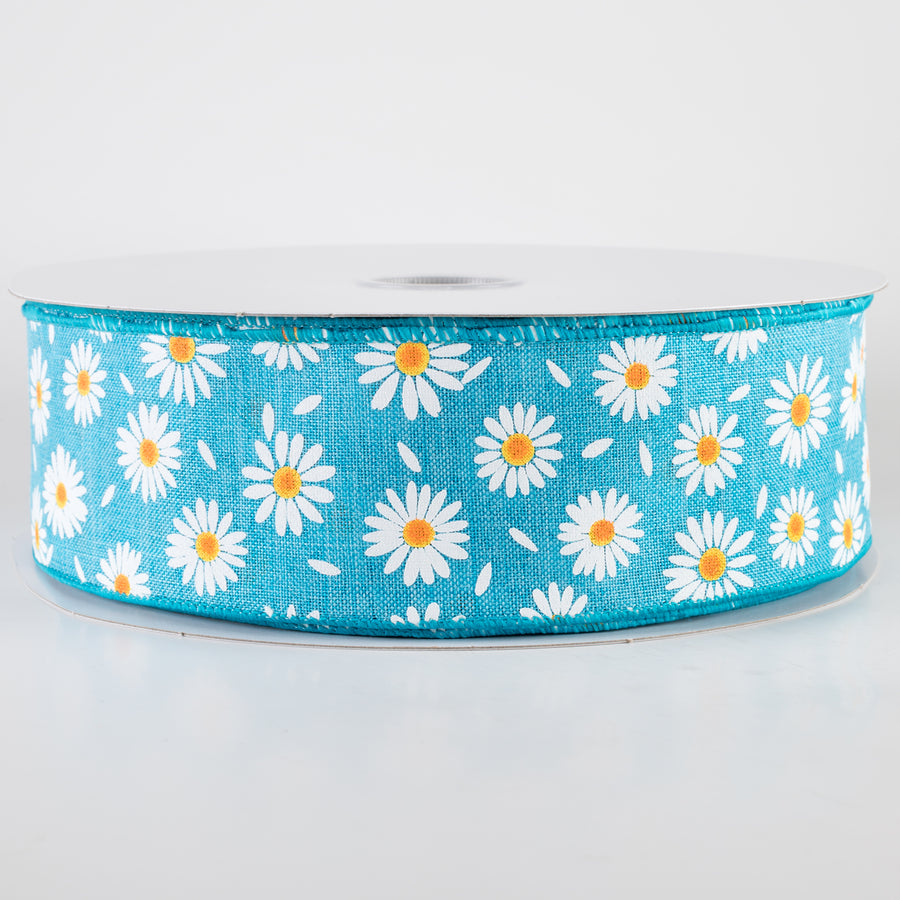 2.5" Linen Daisies & Petals Ribbon: Turquoise Blue (50 Yards)