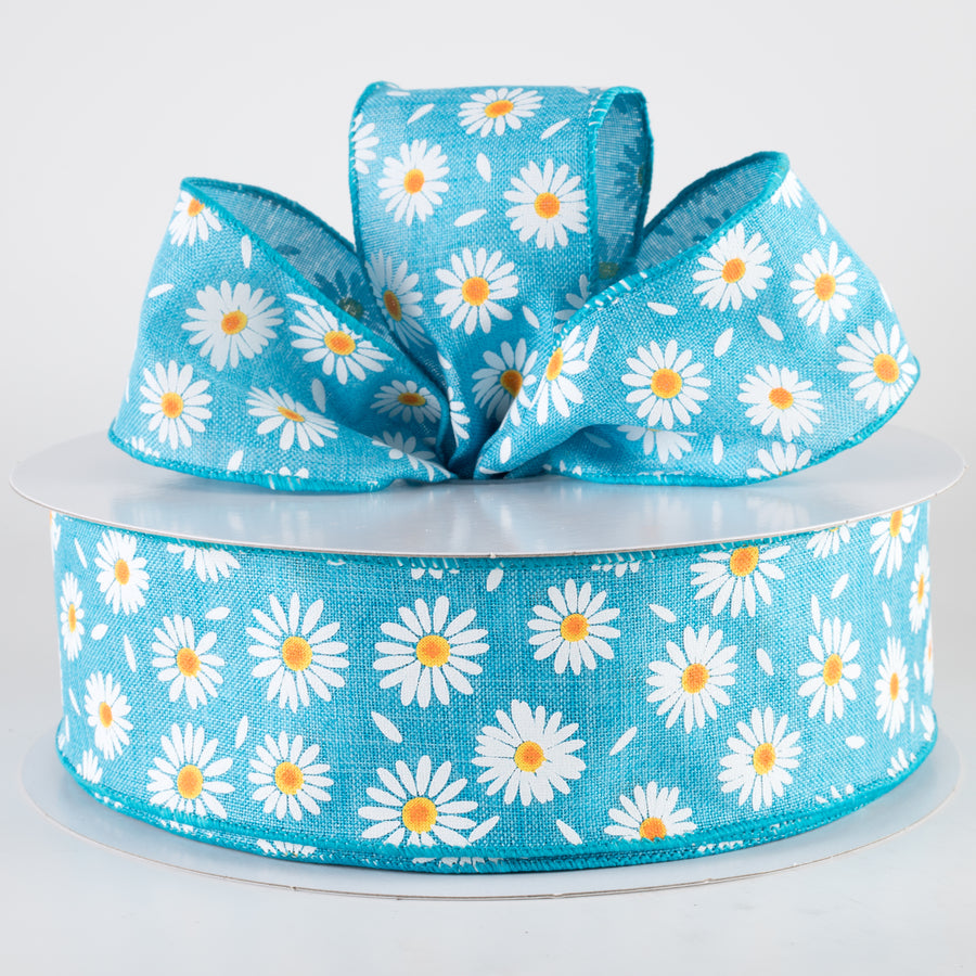 2.5" Linen Daisies & Petals Ribbon: Turquoise Blue (50 Yards)