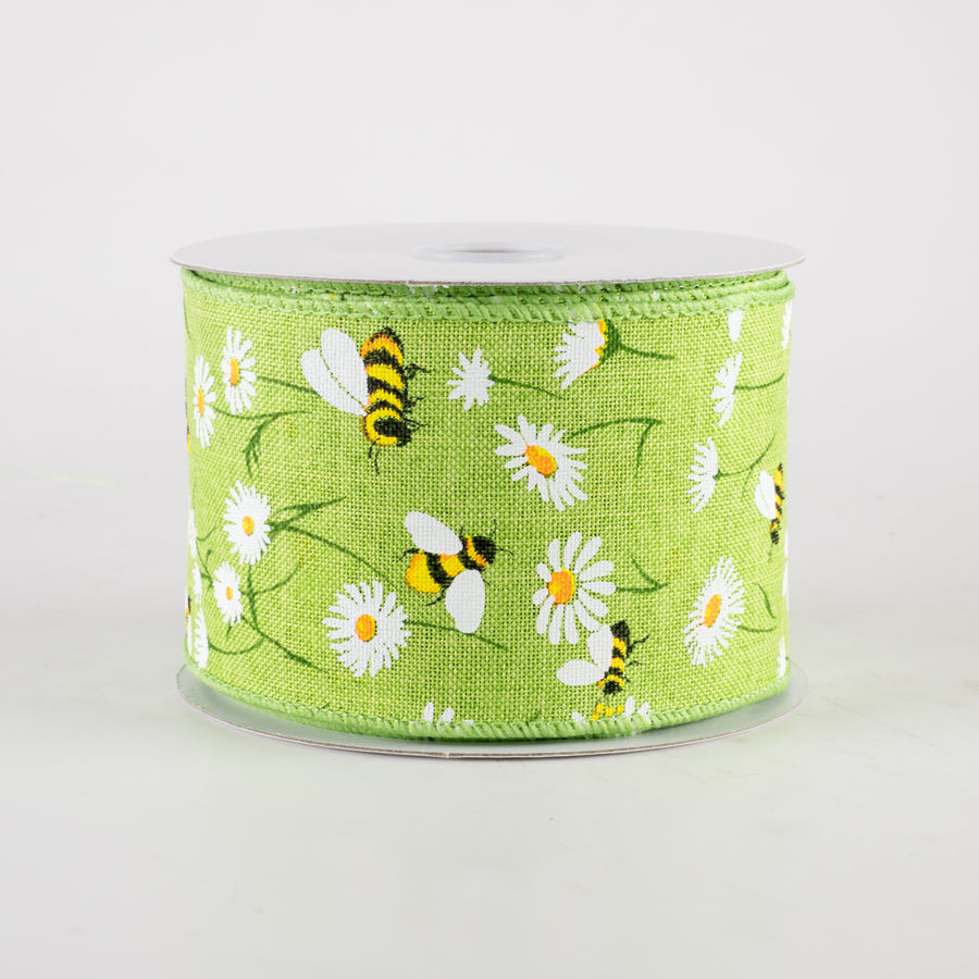 2.5" Linen Daisies & Bumblebees Ribbon: Lime Green (10 Yards)