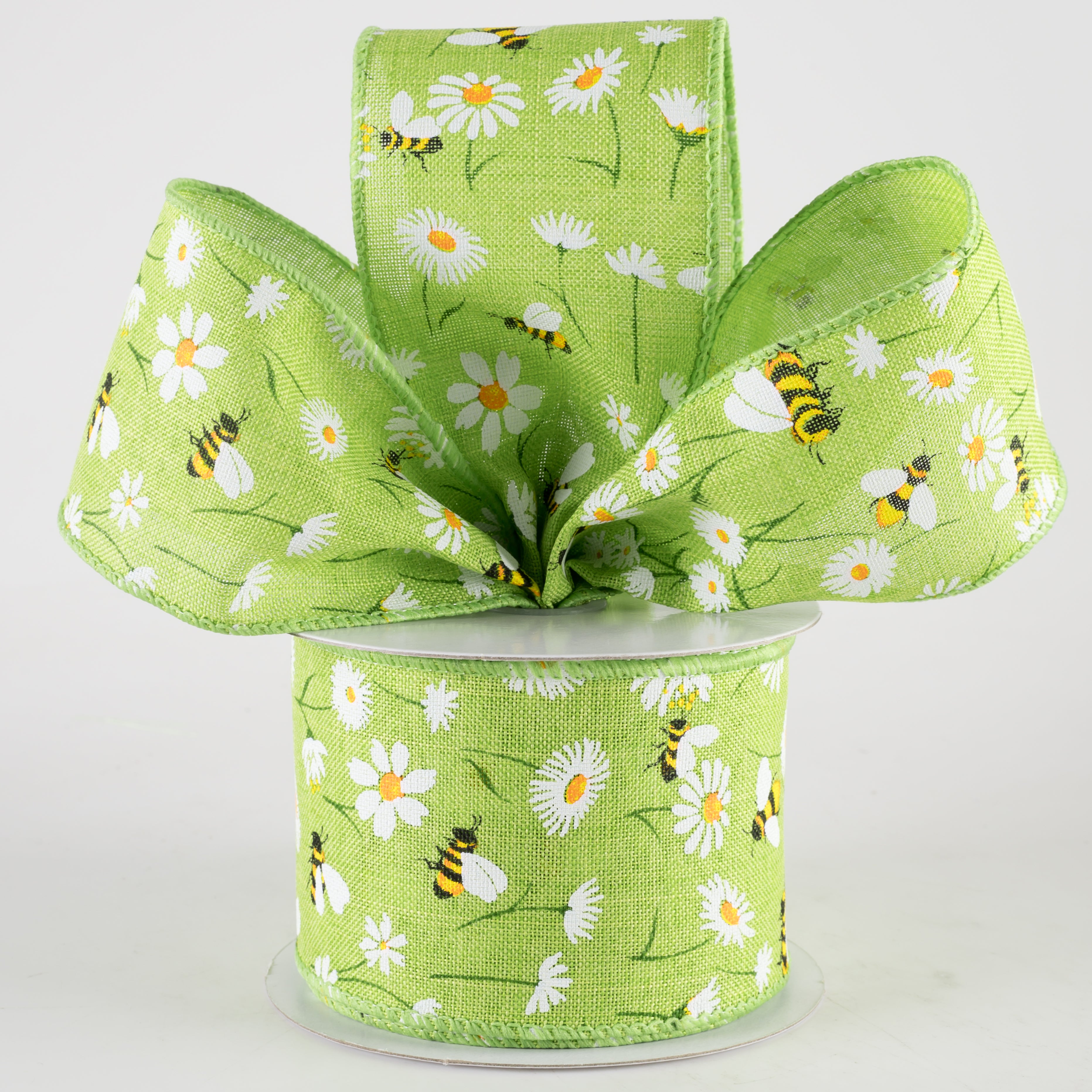 2.5" Linen Daisies & Bumblebees Ribbon: Lime Green (10 Yards)